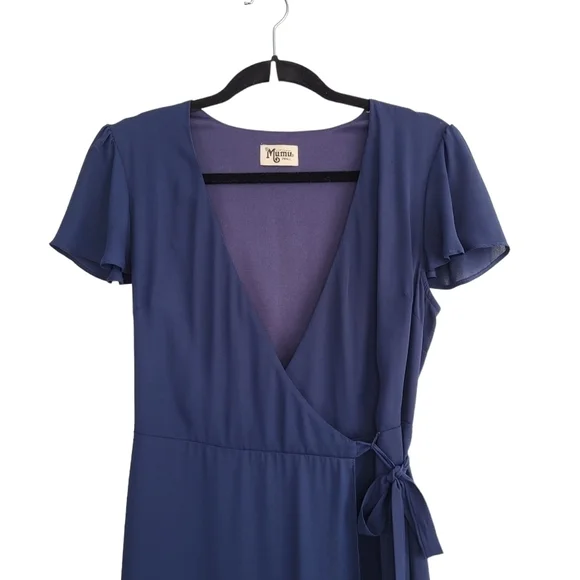 Show Me Your MuMu Noelle Wrap Maxi Dress Navy Flutter Sleeve V-Neck Small - Picture 3 of 10